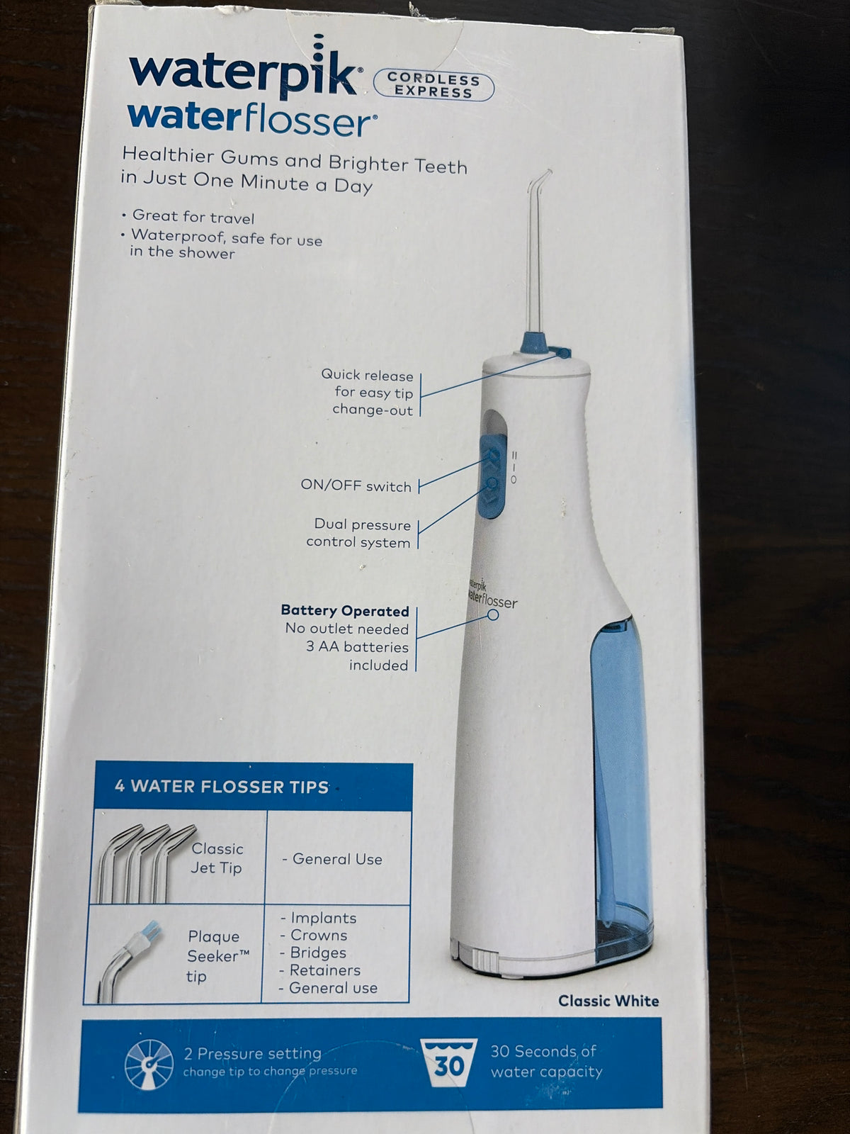 Waterpik Cordless Plus Rechargeable Water Flosser – 4 Tips – Classic White