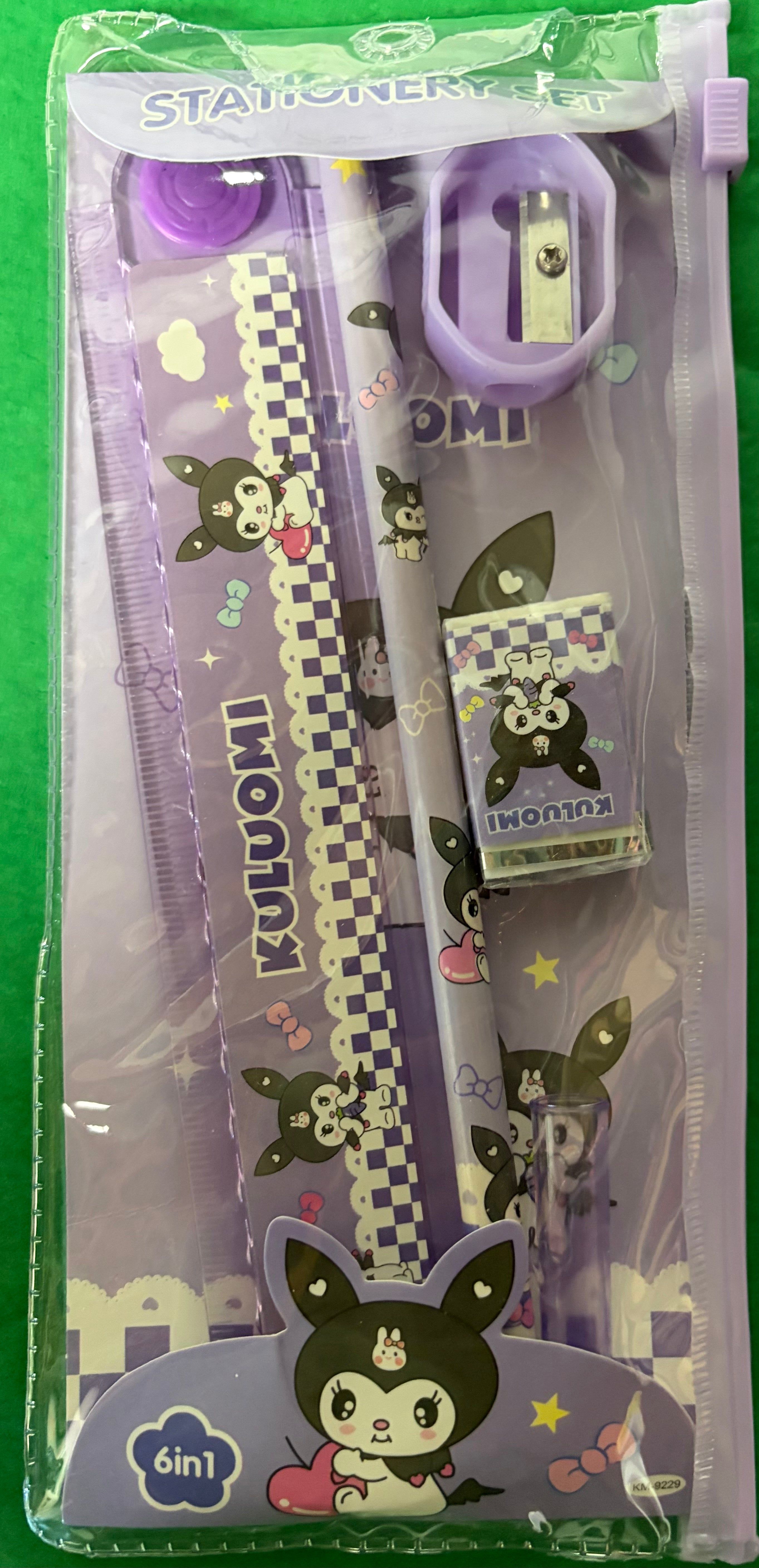 Kuromi 6-in-1 Purple Stationery Set with Pencil Case, Ruler, Pencil, Eraser & Sharpener