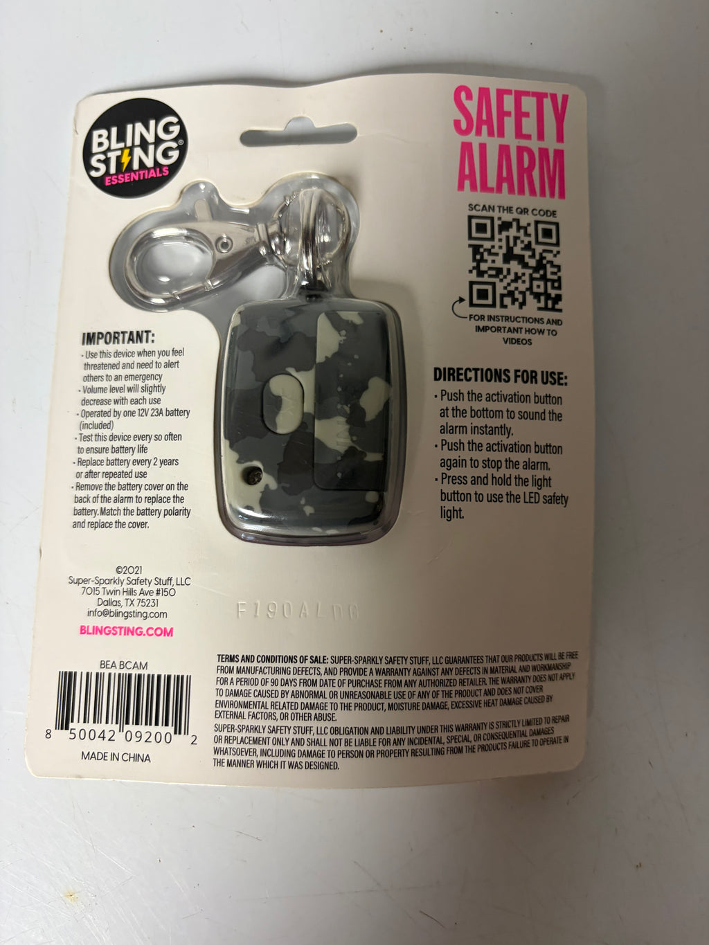 BlingSting Essentials 125 dB Personal Safety Alarm with LED Light – Camo