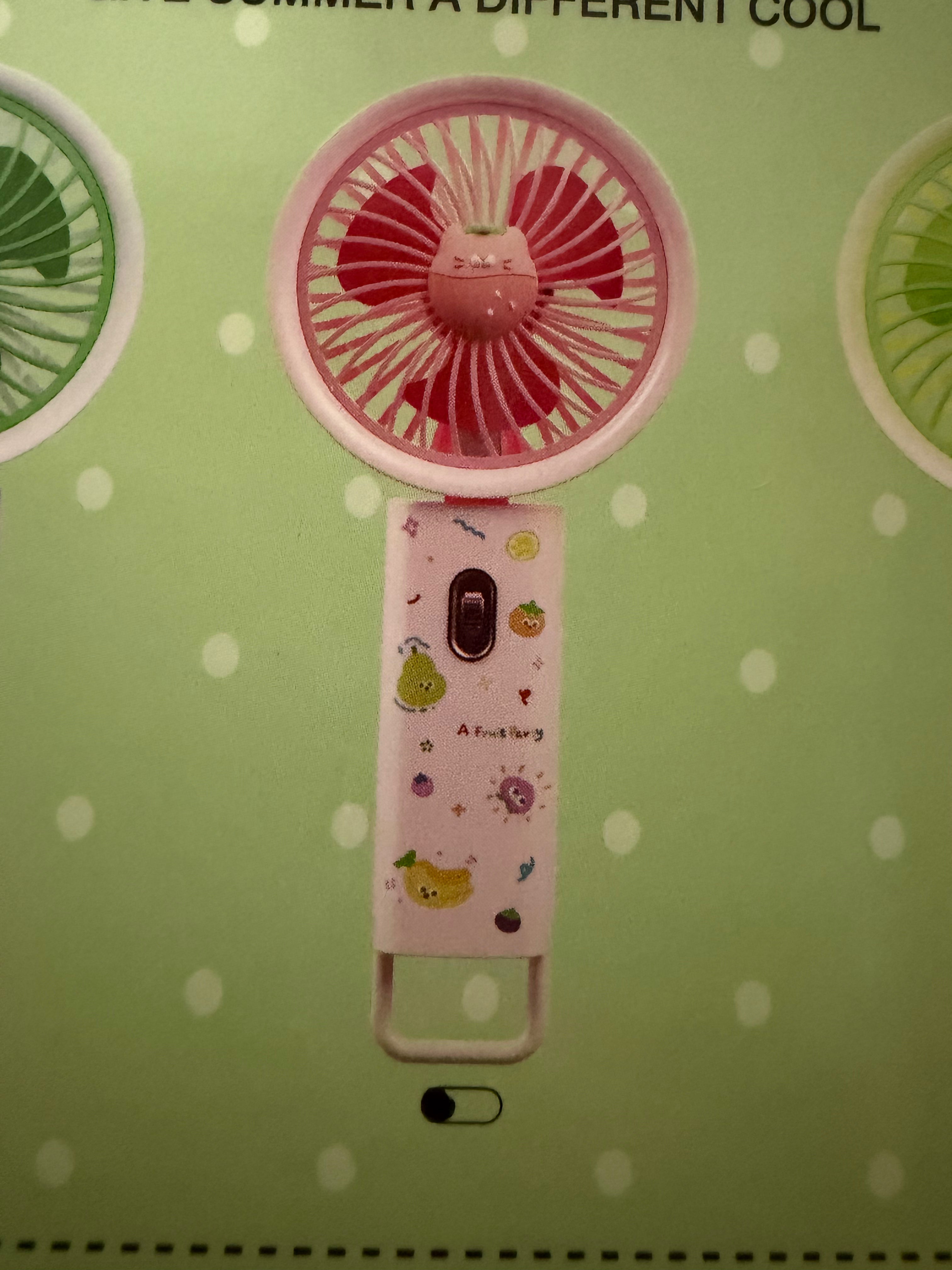 Pink Fruit-Themed Mini Handheld Fan – USB Rechargeable Portable Personal Fan