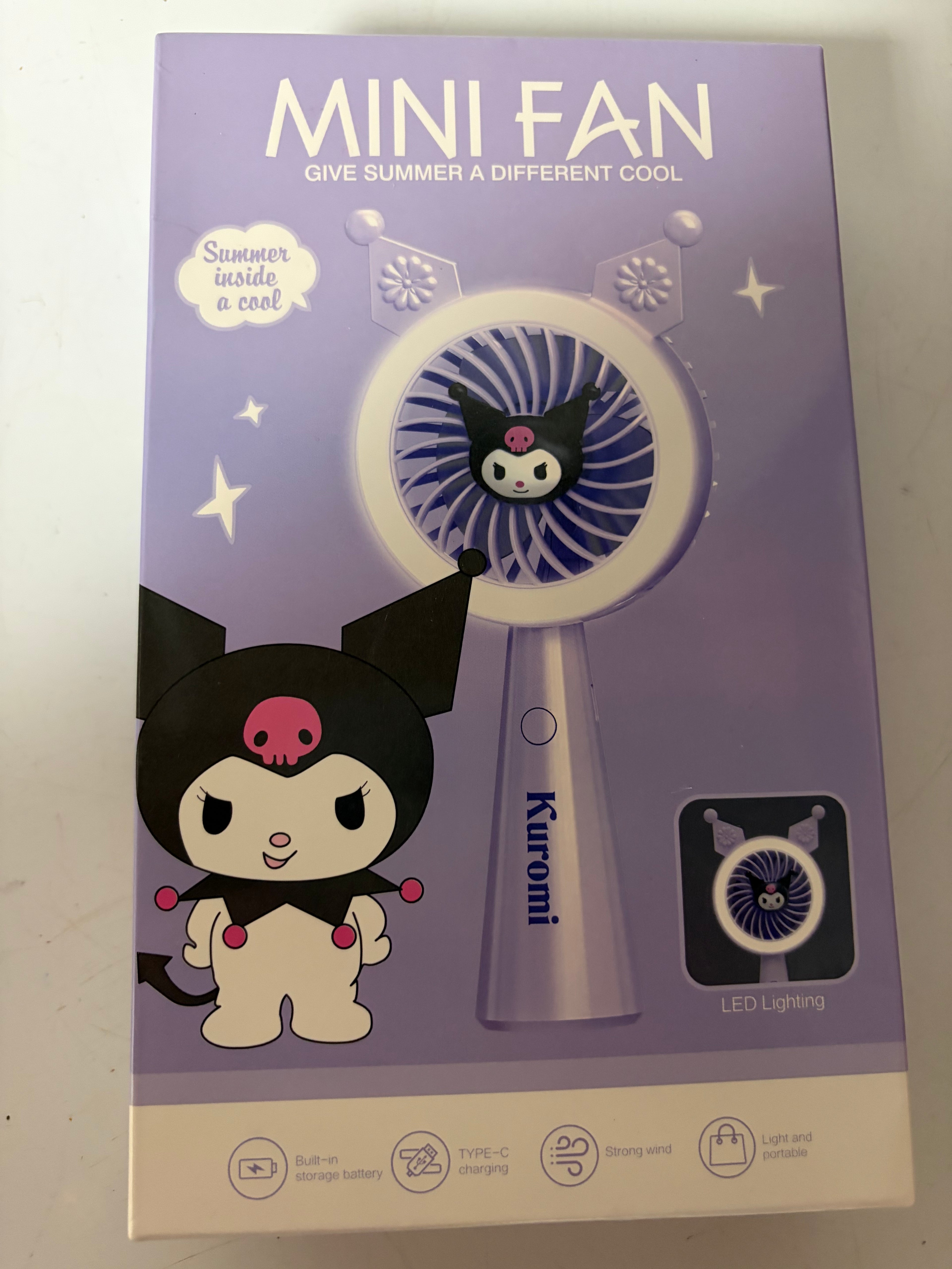 Kuromi-Inspired Purple Mini Handheld Fan with LED Light – USB-C Rechargeable Portable Fan