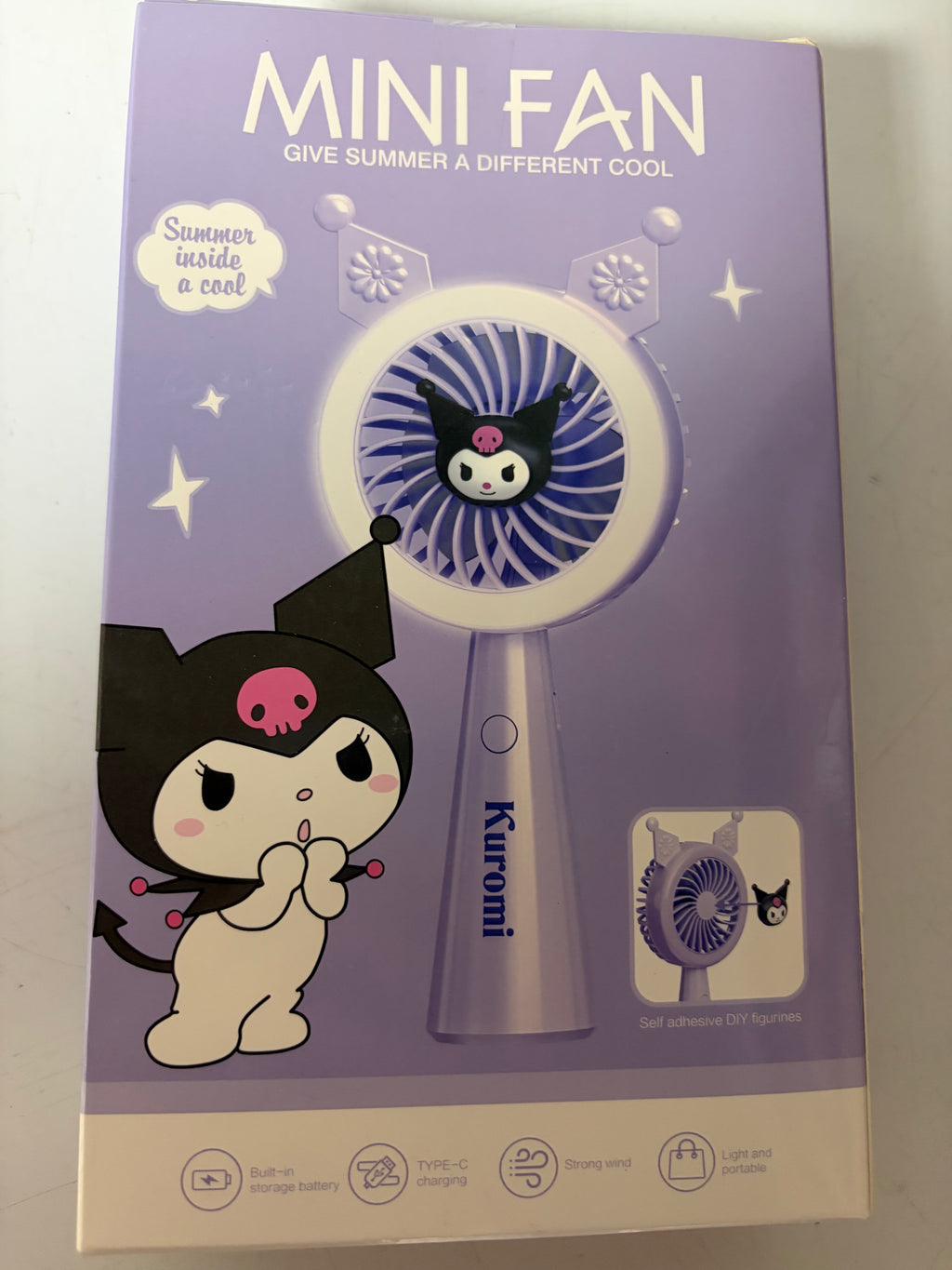 Kuromi-Inspired Purple Mini Handheld Fan with LED Light – USB-C Rechargeable Portable Fan