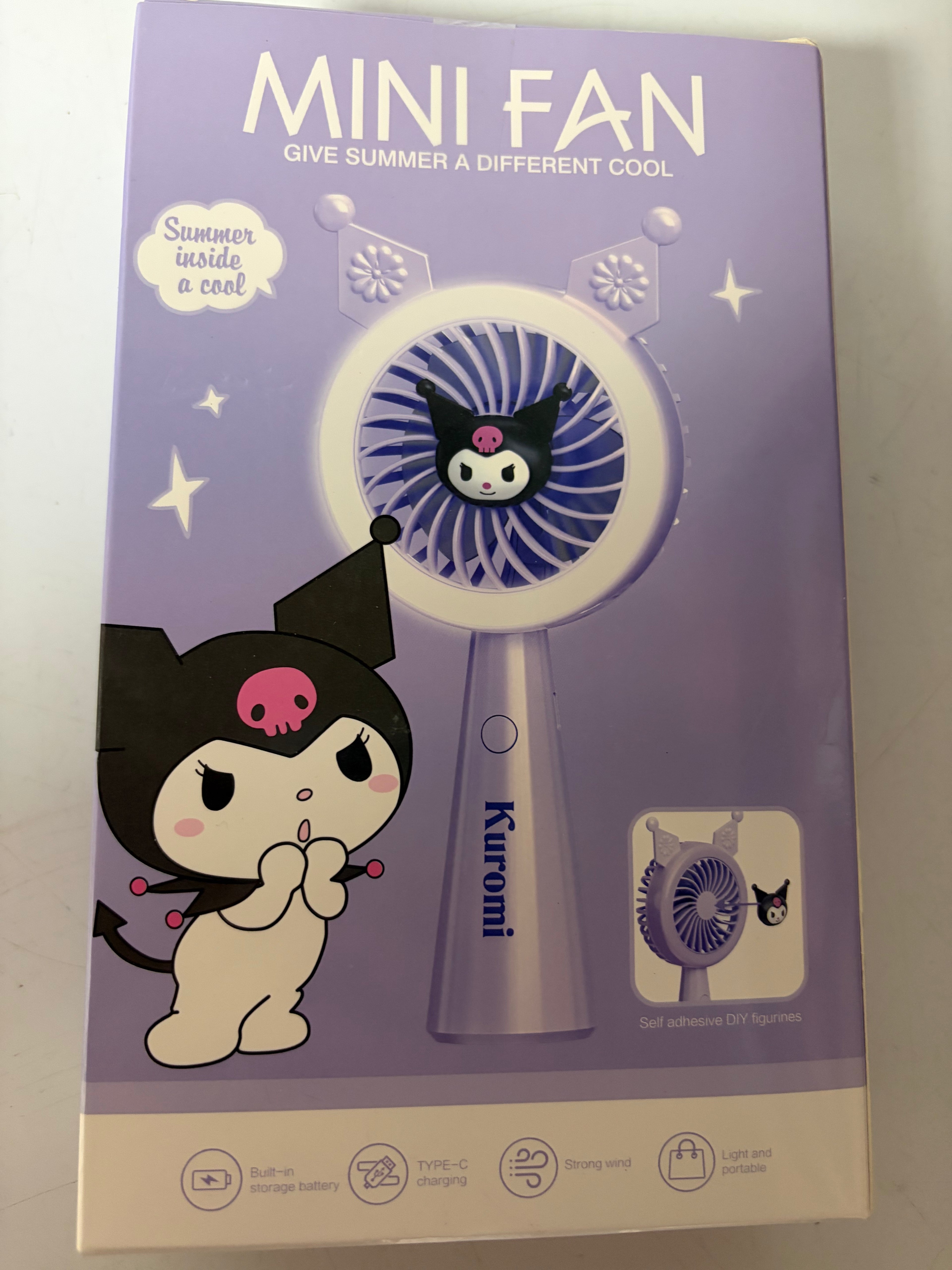 Kuromi-Inspired Purple Mini Handheld Fan with LED Light – USB-C Rechargeable Portable Fan