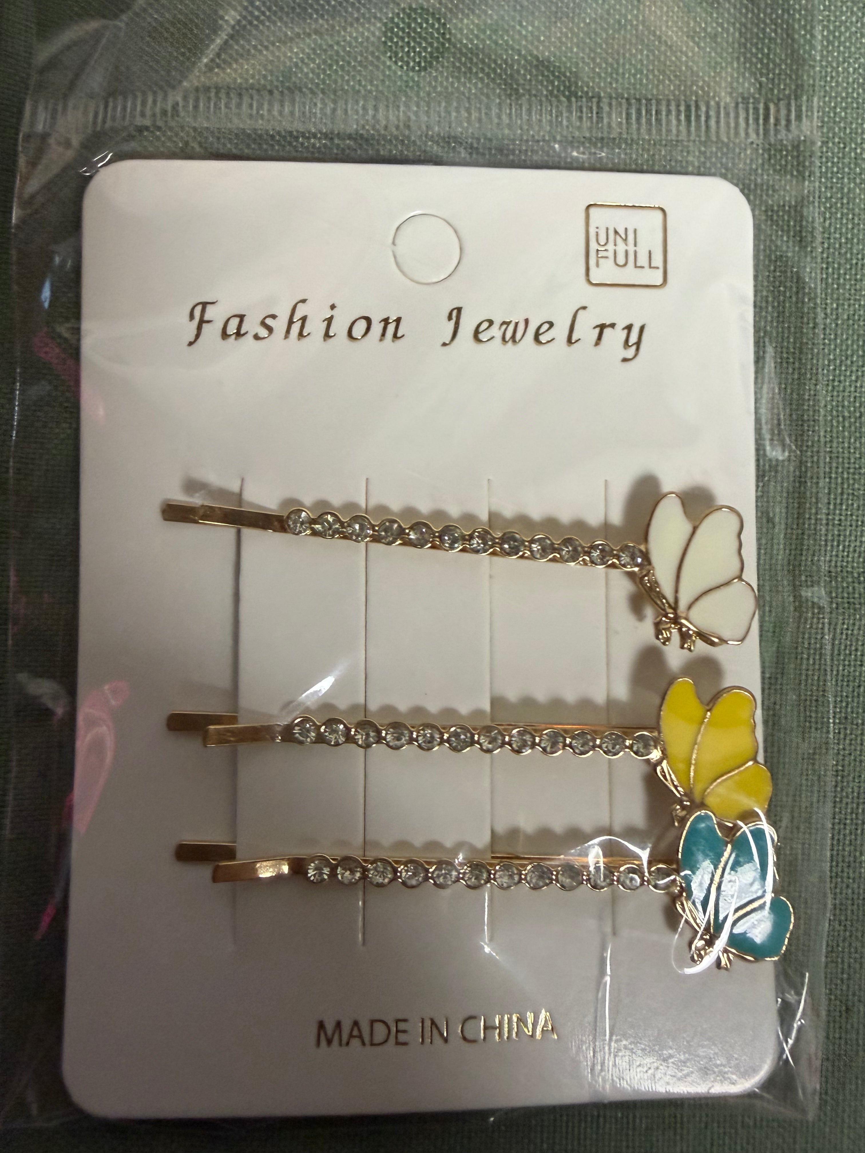 UNIFULL Butterfly Rhinestone Hair Pins – Set of 3 – Gold Tone Colorful Hair Accessories
