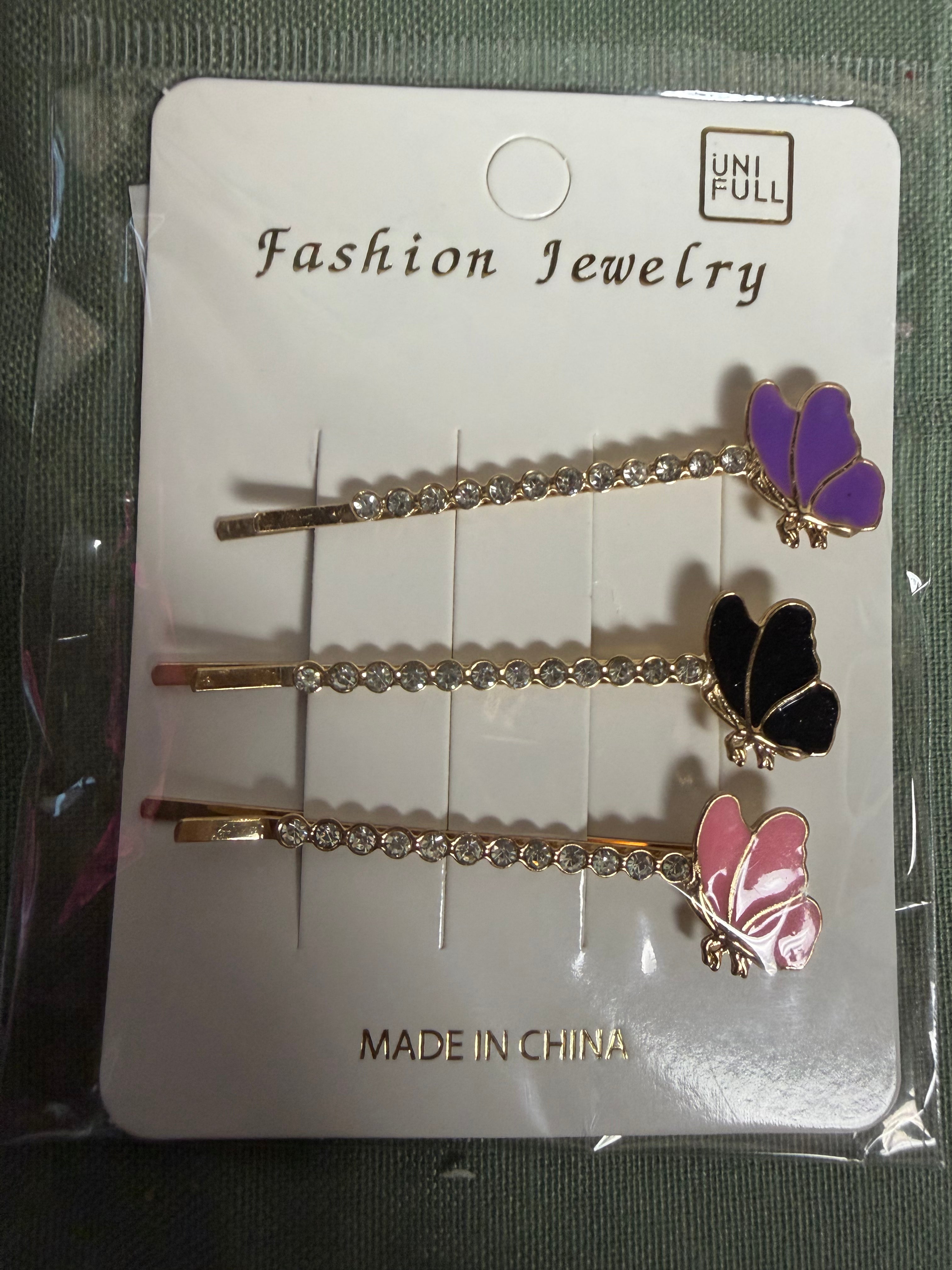 UNIFULL Butterfly Rhinestone Hair Pins – Set of 3 – Gold Tone Colorful Hair Accessories